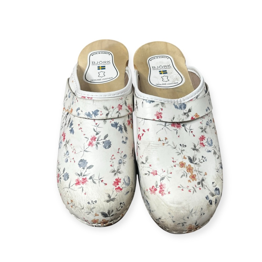 BJORK Linnea Wood Sole Floral Print Work Cottagecore Clogs Size 41